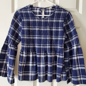 Caslon Blue Plaid Bell-Sleeved Top Sz Petite S